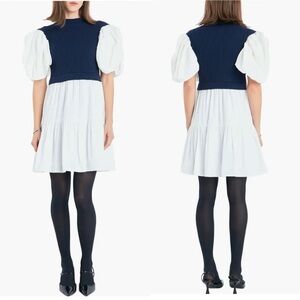 English Factory Puff Sleeve Mixed Media Sweater Dress